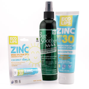 Outdoor Essentials 3-pack - Bug Soother Tick &amp; Mosquito Repellent, SPF 30 Sunscreen Lotion and Zinc SPF 15 Lip Balm
