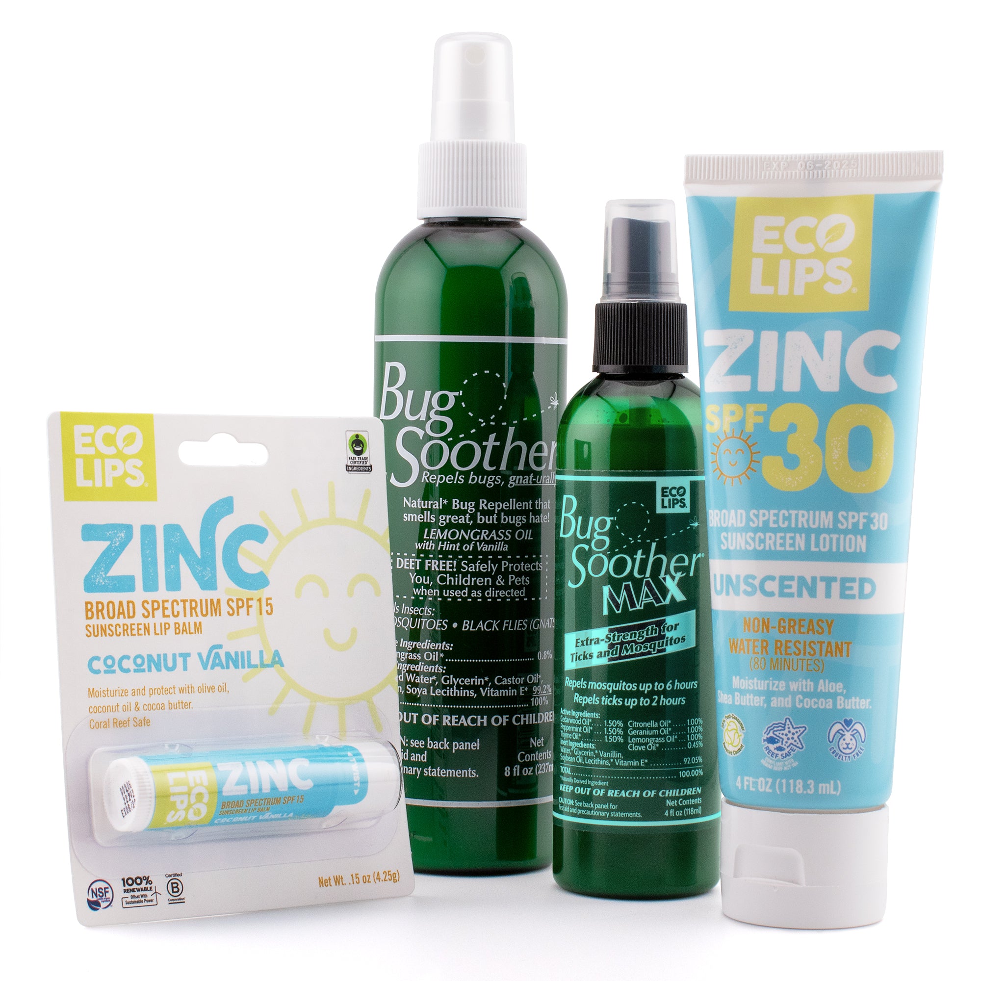 Outdoor Essentials 4-pack - Bug Soother Tick, Gnat & Mosquito Repellent, SPF 30 Sunscreen Lotion and Zinc SPF 15 Lip Balm