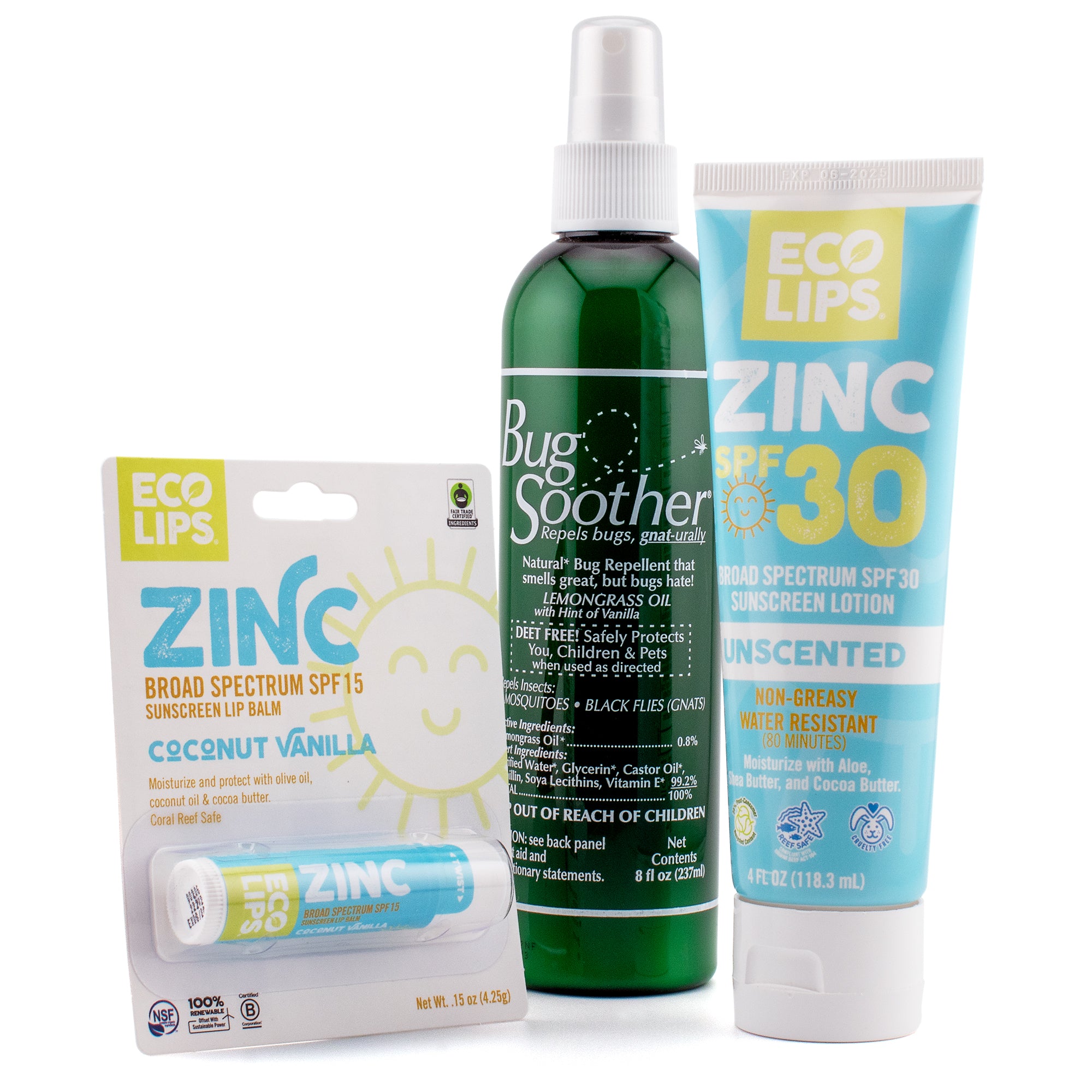 Outdoor Essentials 3-pack - Bug Soother Gnat & Mosquito Repellent, SPF 30 Sunscreen Lotion and Zinc SPF 15 Lip Balm
