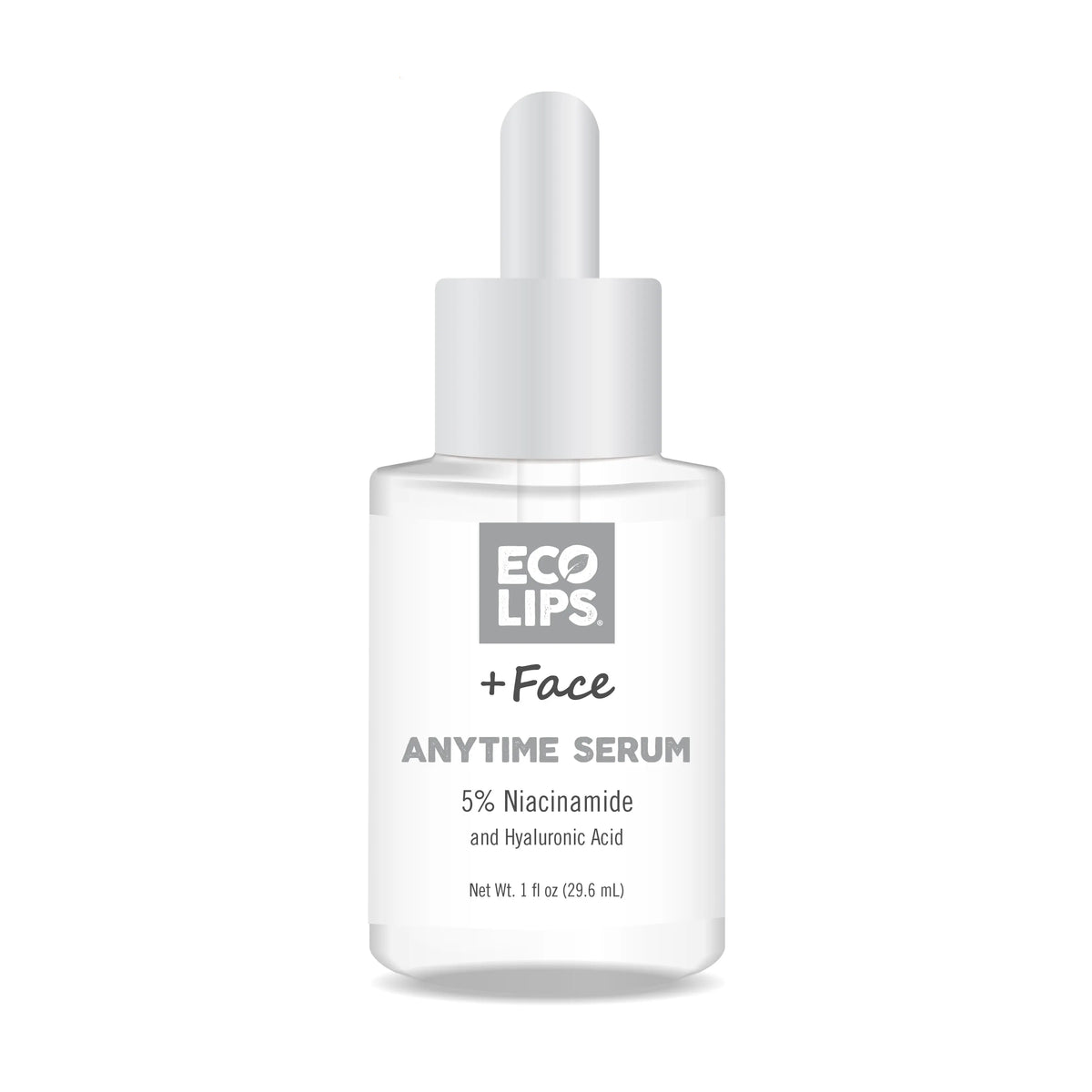 A white dropper bottle labeled 'ECO LIPS + Face ANYTIME SERUM 5% Niacinamide and Hyaluronic Acid