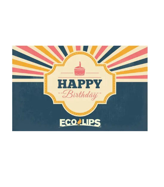 A greeting card with a 'Happy Birthday' message, featuring a graphic of a cupcake and sun rays, and the brand logo 'Eco Lips' at the bottom.