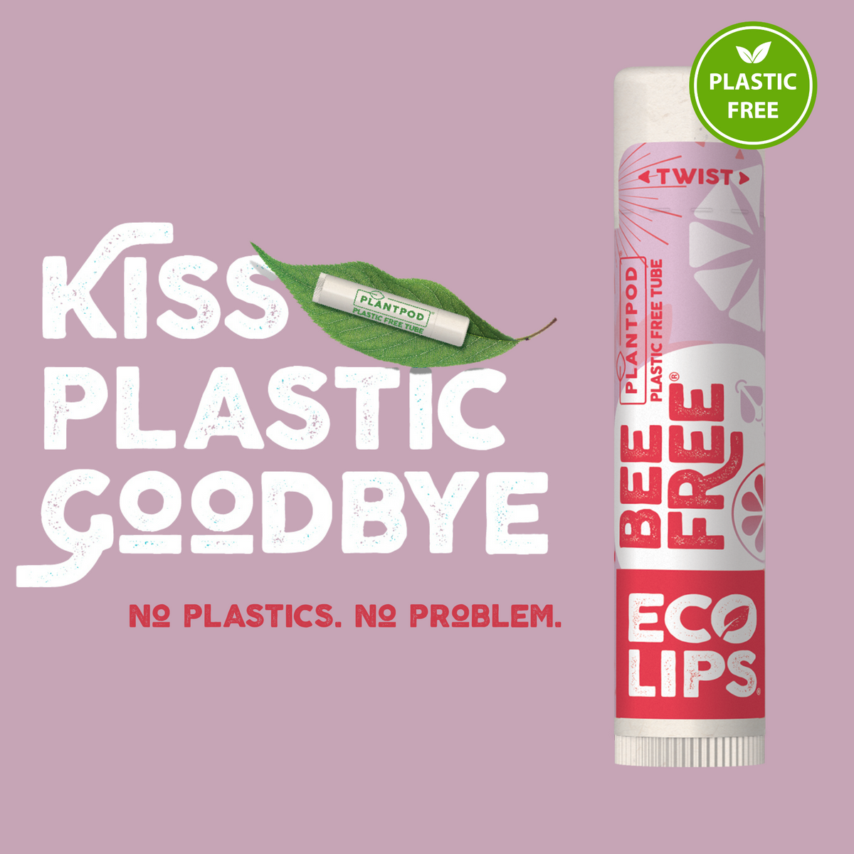 Lip balm tube with 'Bee Free Eco Lips' branding on a pink background with text 'Kiss Plastic Goodbye'.