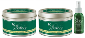 Man preparing food outdoors with a Bug Soother candle in the foreground.