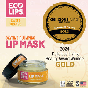 Advertisement for upcycled lip care product with blue background and text about Cloudberry Seed Oil.