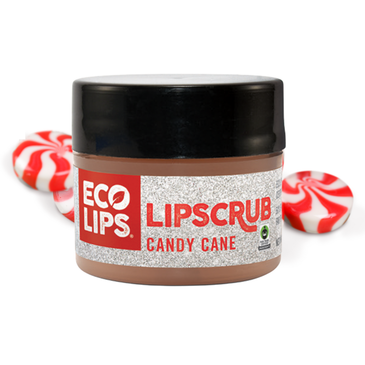 Jar of Eco Lips Candy Cane lip scrub with peppermint candies on a white background