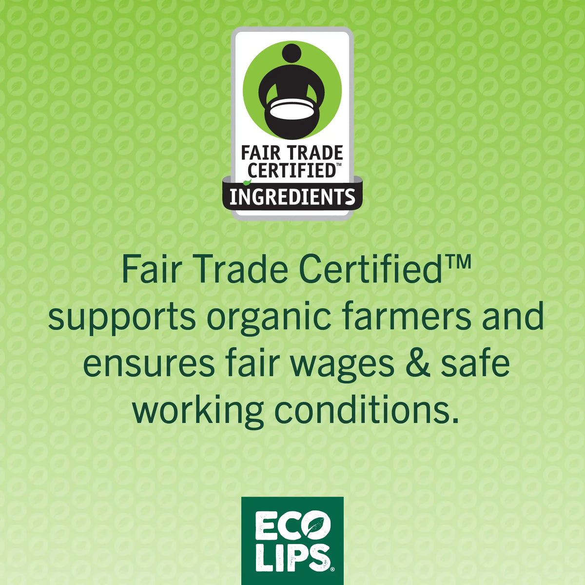 Fair Trade Certified ingredients logo on green background ensuring fair wages &amp; safe working conditions