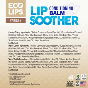 Advertisement for Eco Lips lip balm with sustainability claims and logos on a beige background.