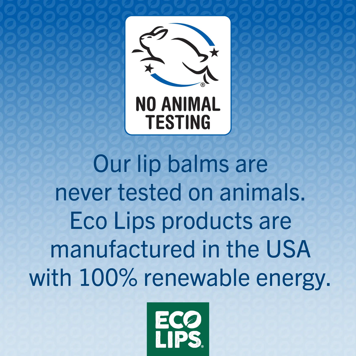 Leaping Bunny logo on blue background confirming the lip balms are never tested on animals and made with 100% renewable energy.
