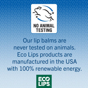 Leaping Bunny logo on blue background confirming the lip balms are never tested on animals and made with 100% renewable energy.