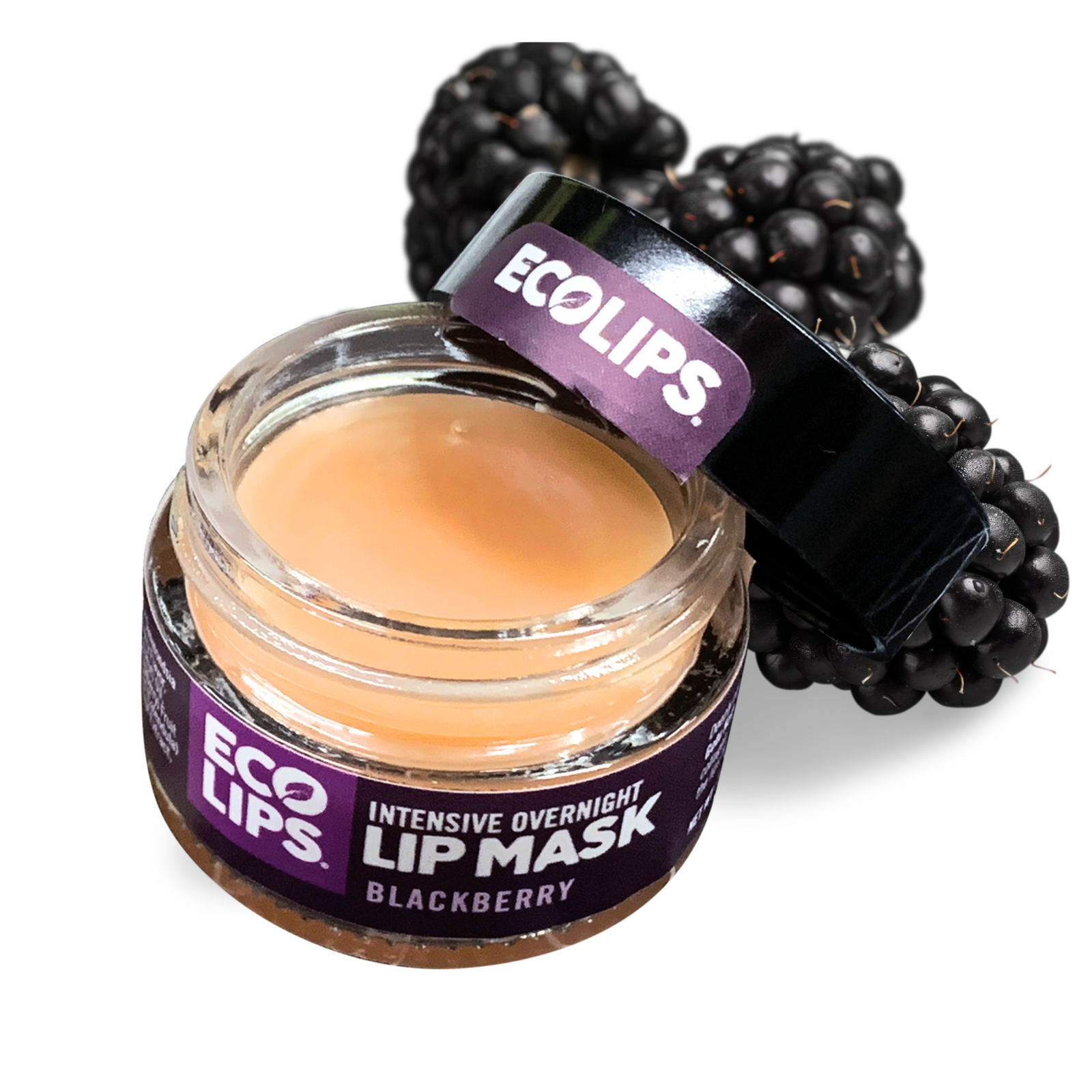 Ecolips Intensive Overnight Lip Mask with blackberries on a white background
