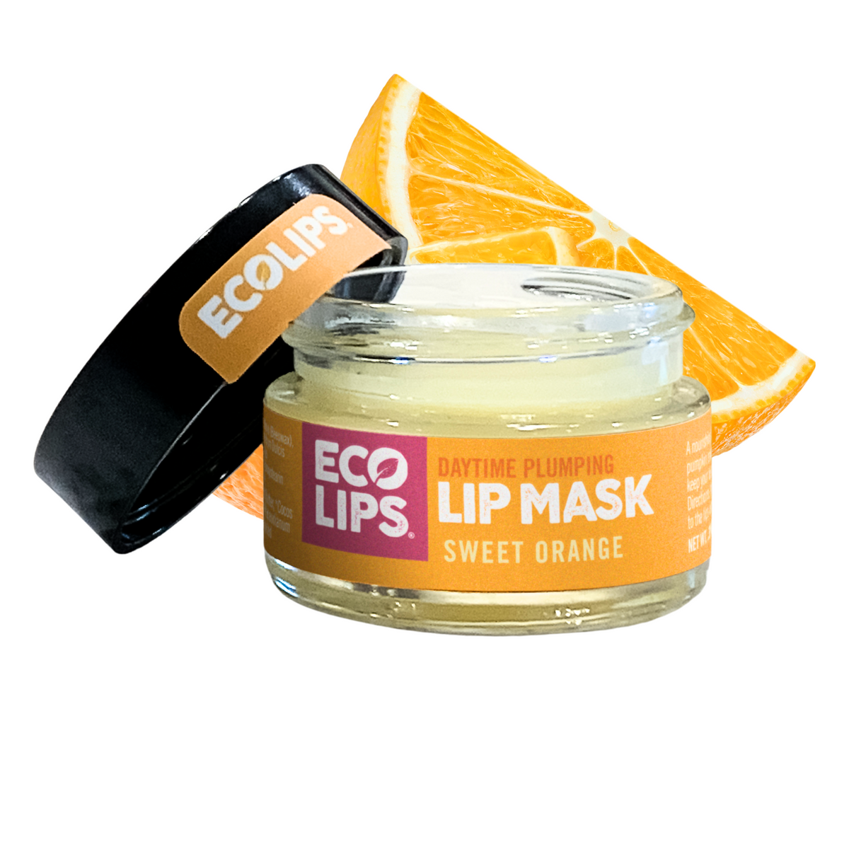 Jar of Ecolips Sweet Orange Lip Mask with a black cap and orange slice on a white background