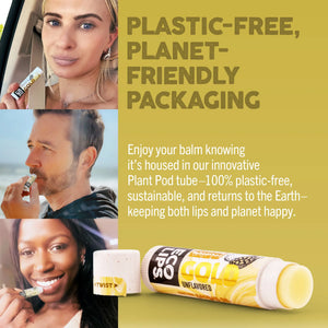 Lip balm packaging with text 'The Gold Standard in Moisture' on a dark background