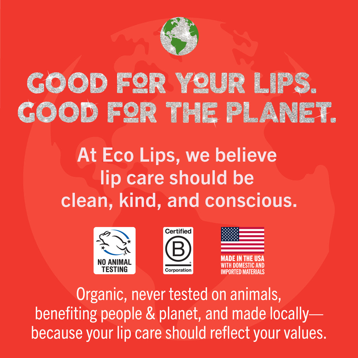 Promotional graphic for Eco Lips with text and logos on a red background