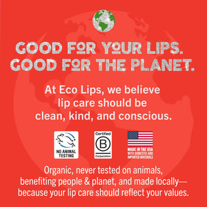 Good for your lips. Good for the planet showing Eco Lips certifications. 