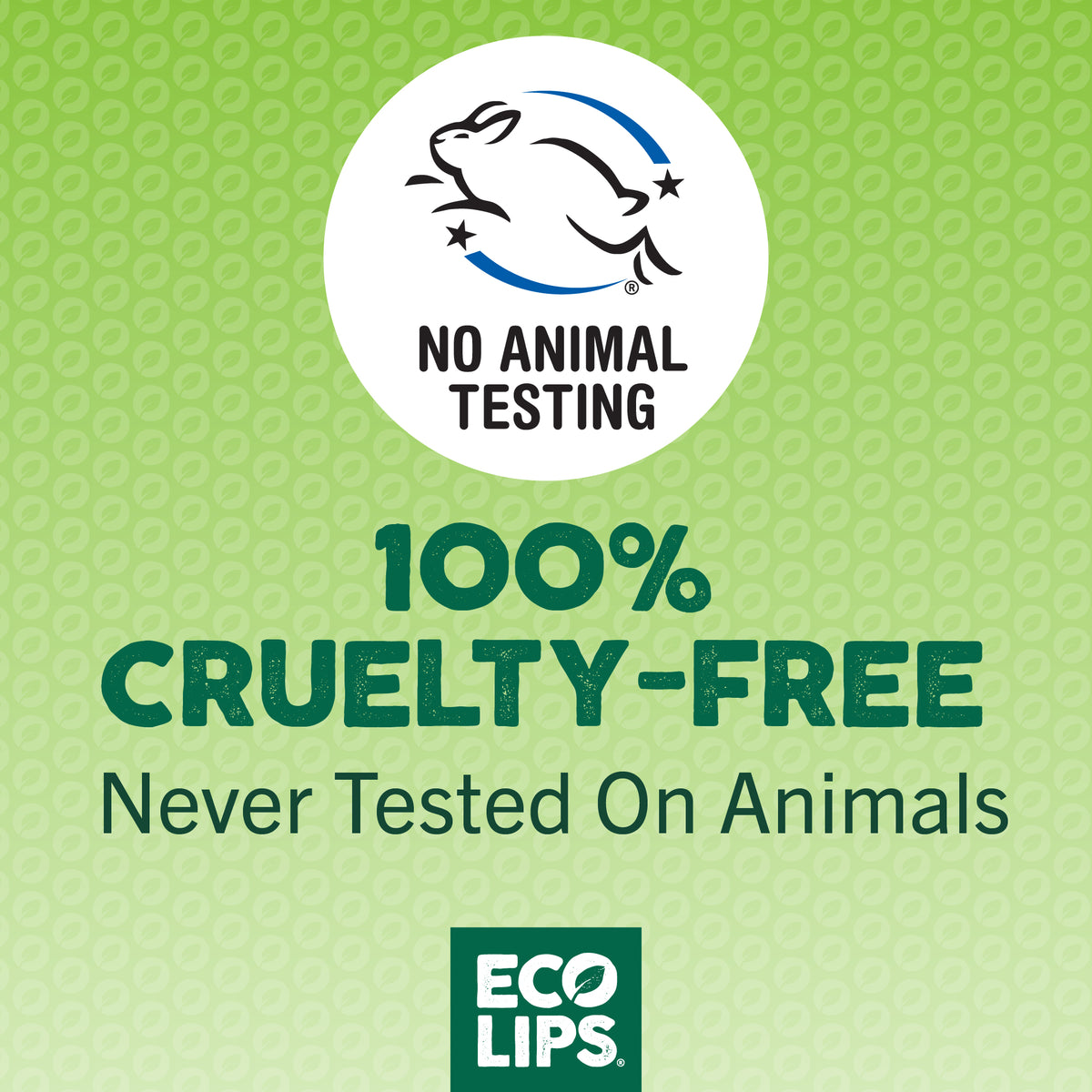 Leaping Bunny Certified image on a green background stating 100% cruelty free never tested on animals. 