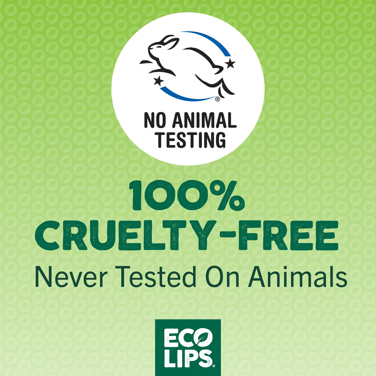 Leaping Bunny Certified image on a green background stating 100% cruelty free never tested on animals. 