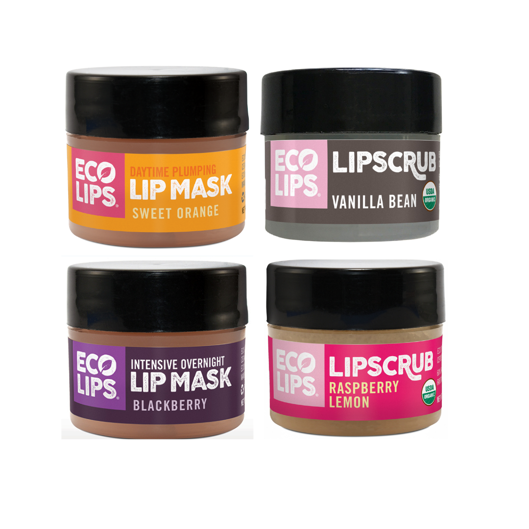 Four small jars labeled as lip scrubs and lip masks with different flavors such as vanilla bean, blackberry, sweet orange, and raspberry lemon. The brand Eco Lips is visible on the jars.