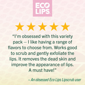 Eco Lips Customer 5 star rating with 5 pink stars on a light pink background stating Hands down the best combo pack ever. I LOVE the scrub flavor - it compliments the daytime mask so well. My lips have never been healthier! 