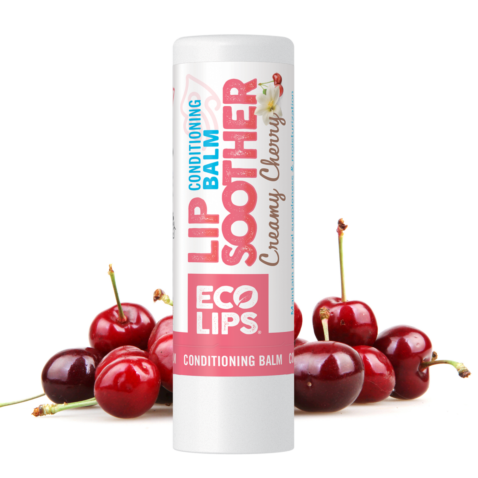 Lip balm with cherry flavor on a white background