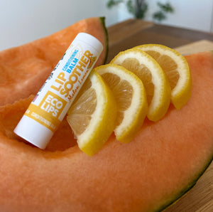 Leaping Bunny logo on blue background confirming the lip balms are never tested on animals and made with 100% renewable energy.