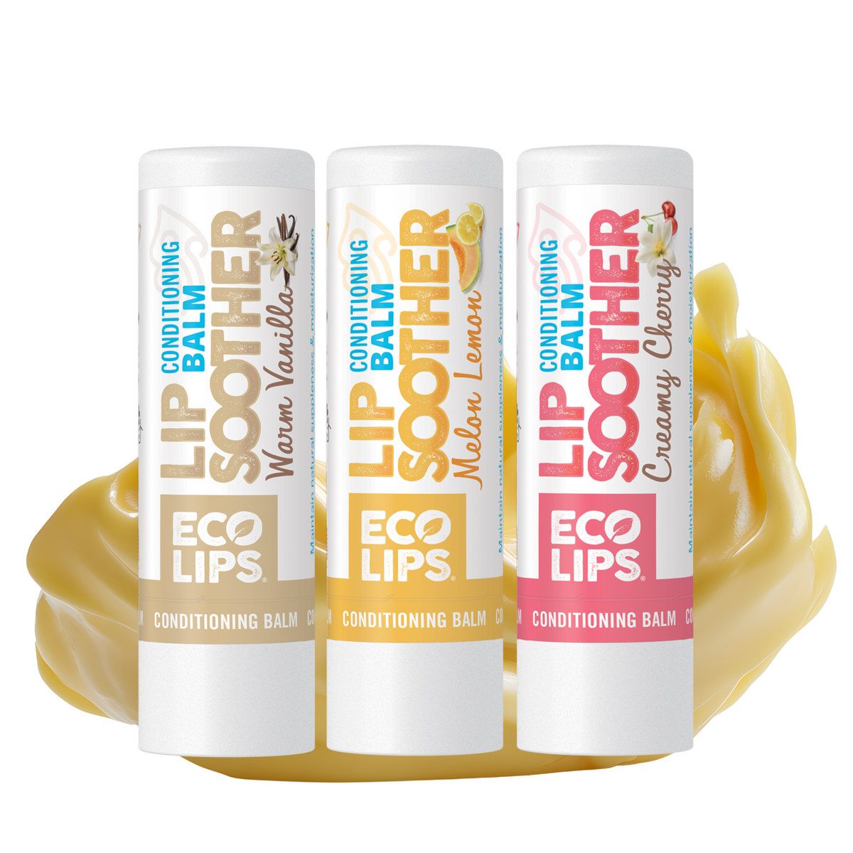 Three lip balm tubes from Eco Lips on a white background including Warm Vanilla, Melon Lemon and Creamy Cherry