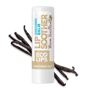 Leaping Bunny logo on blue background confirming the lip balms are never tested on animals and made with 100% renewable energy.