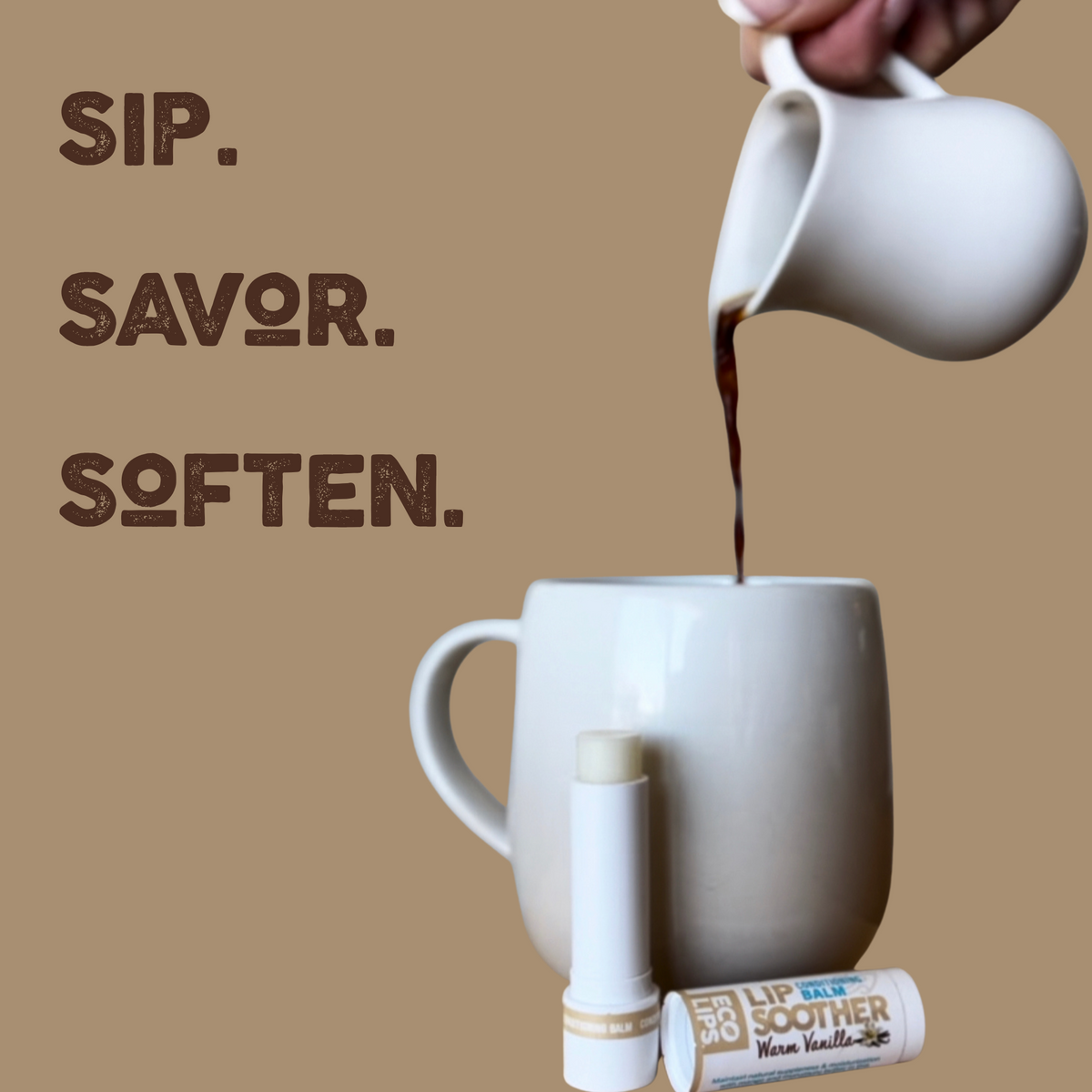 Lip balm with coffee being poured into a mug on a beige background