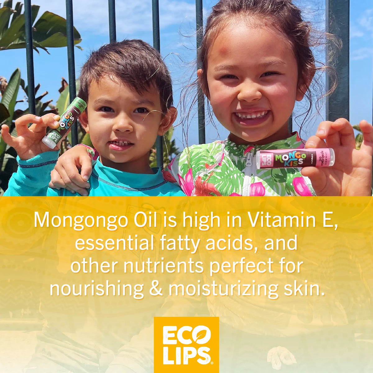 Children holding up Mongo Kiss Lip balms with description of mongongo oil. 