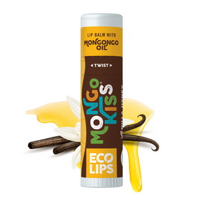 Eco-friendly lip balm advertisement with certification logos on a green background