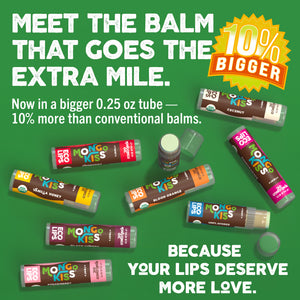 Promotional image of lip balm products with text highlighting larger size and benefits on a green background.