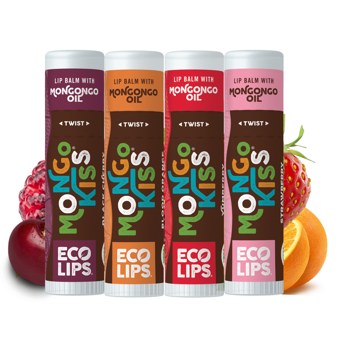Four lip balm tubes with colorful packaging and fruit in the background
