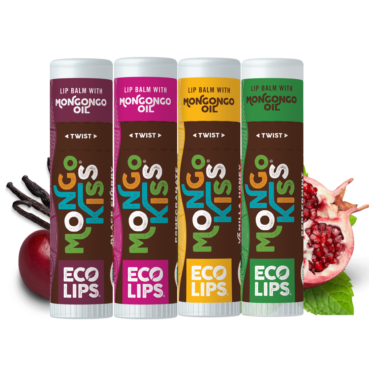 Four lip balm tubes with colorful packaging and 'Eco Lips' branding on a white background.