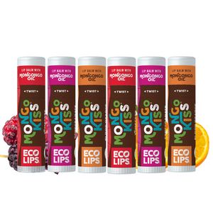 Eco-friendly lip balm advertisement with certification logos on a green background