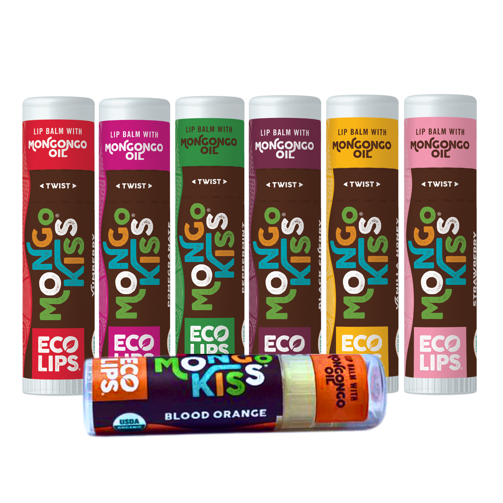 Set of 7 Mango Kiss lip balm tubes with colorful packaging on a white background