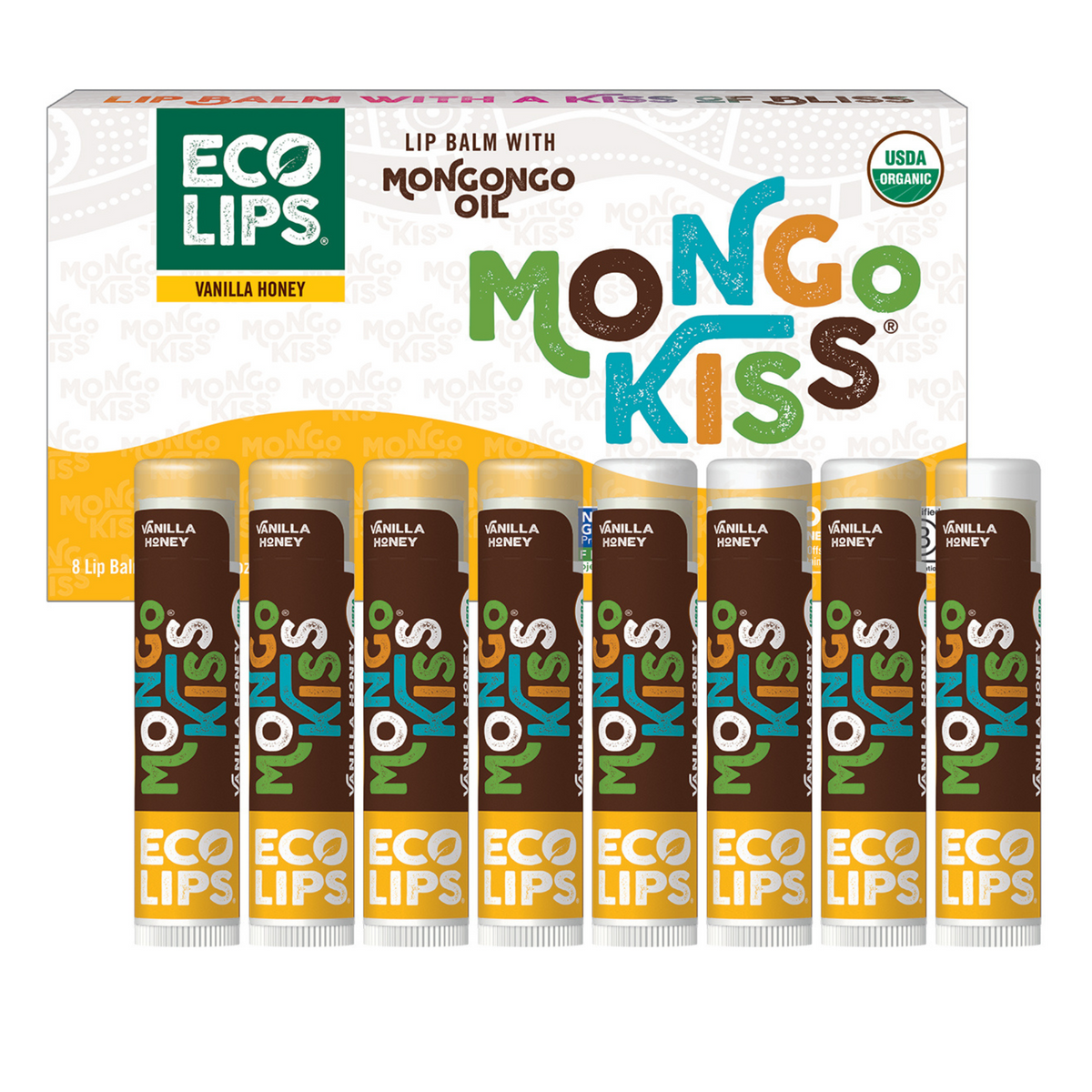 Box of Mongo Kiss Vanilla Honey 8 pack lip balm with Mongongo oil on a white background