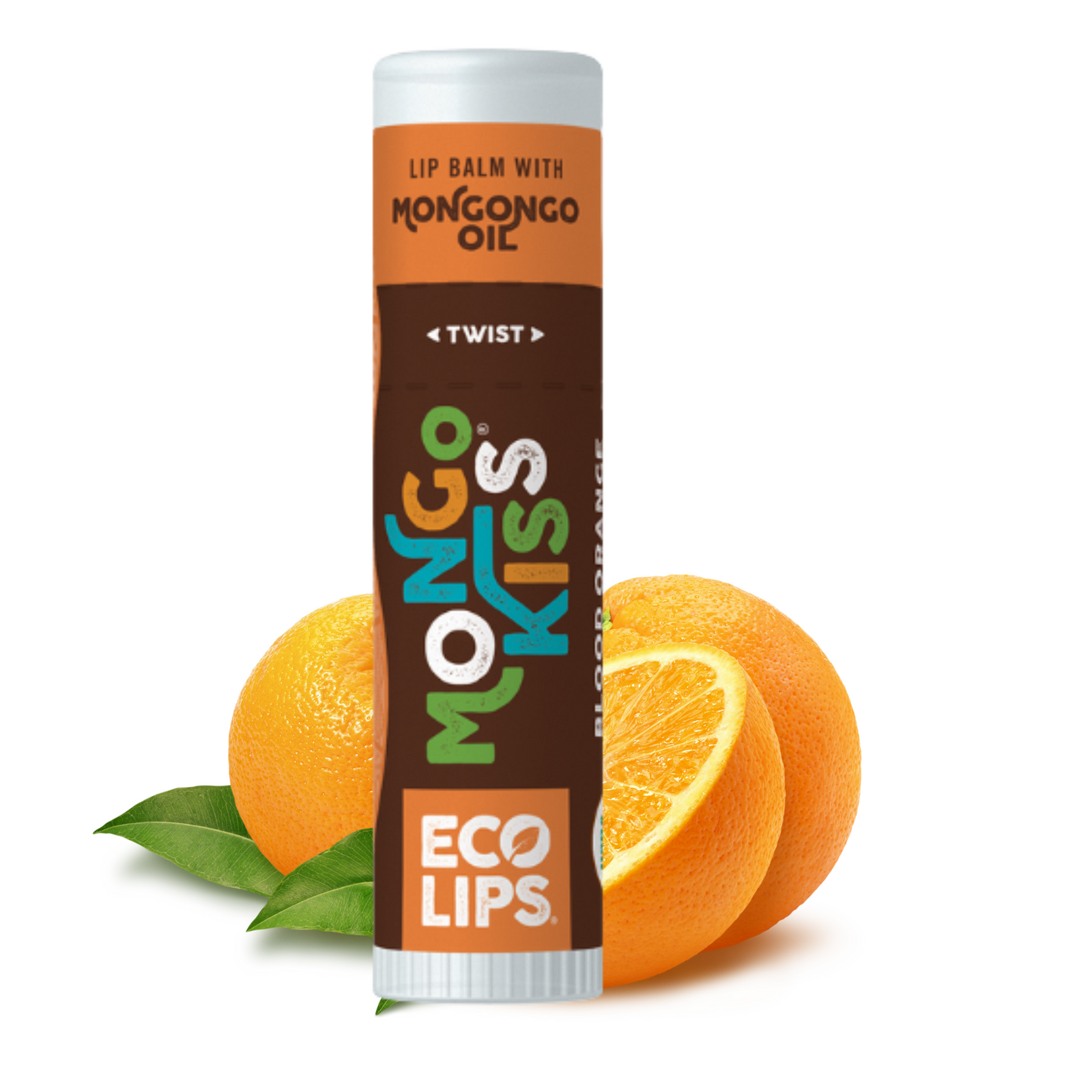 Lip balm with mango oil packaging surrounded by oranges on a white background