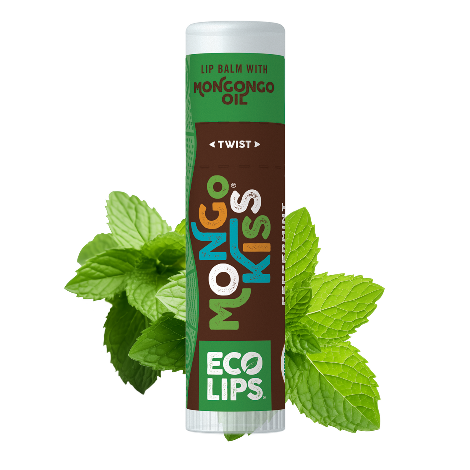 Lip balm tube labeled 'Mango Kiss' with green leaves on a white background