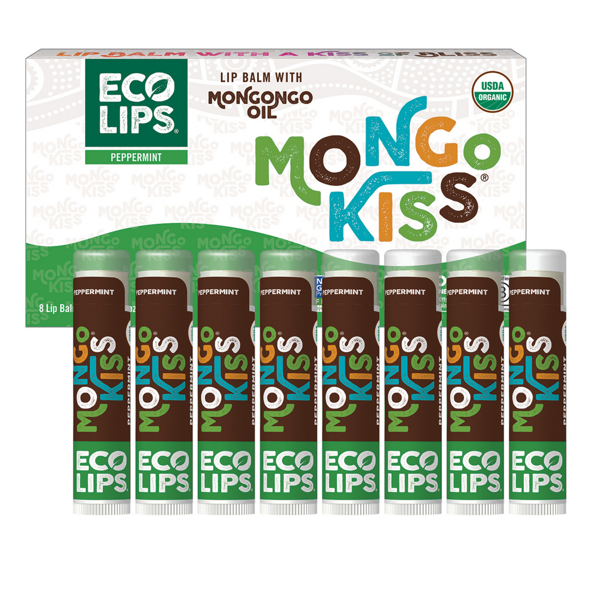 Box of 8 count Mango Kiss Peppermint  lip balm with Eco Lips branding on a white background