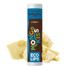 Eco-friendly lip balm advertisement with certification logos on a green background