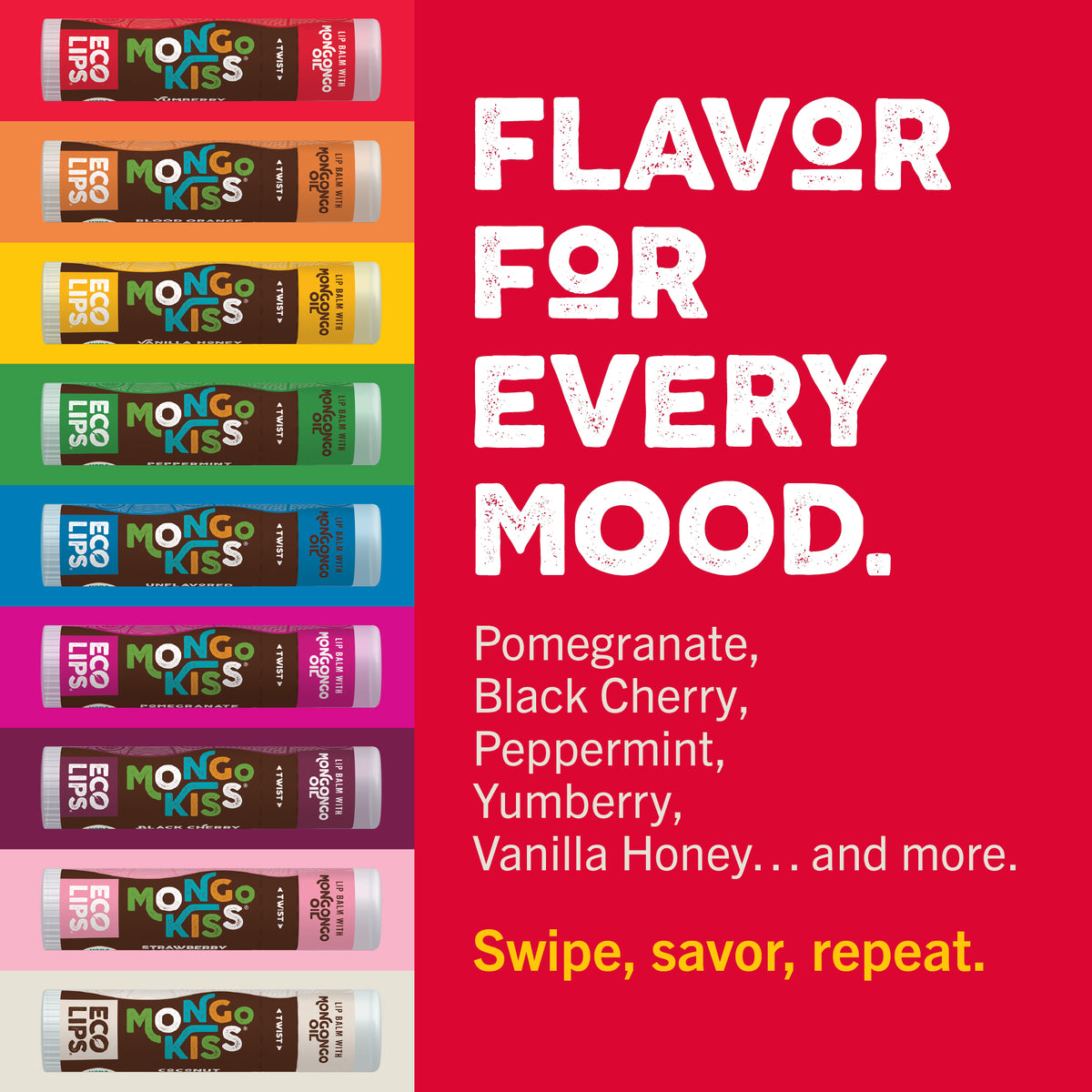 Promotional graphic for Mango Kisses with colorful packaging and text on a red background