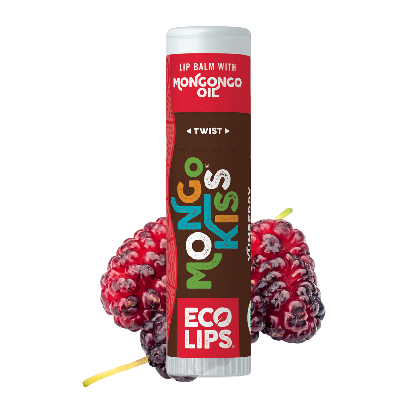 Lip balm with Mongongo oil packaging featuring 'Eco Lips' branding on a white background.