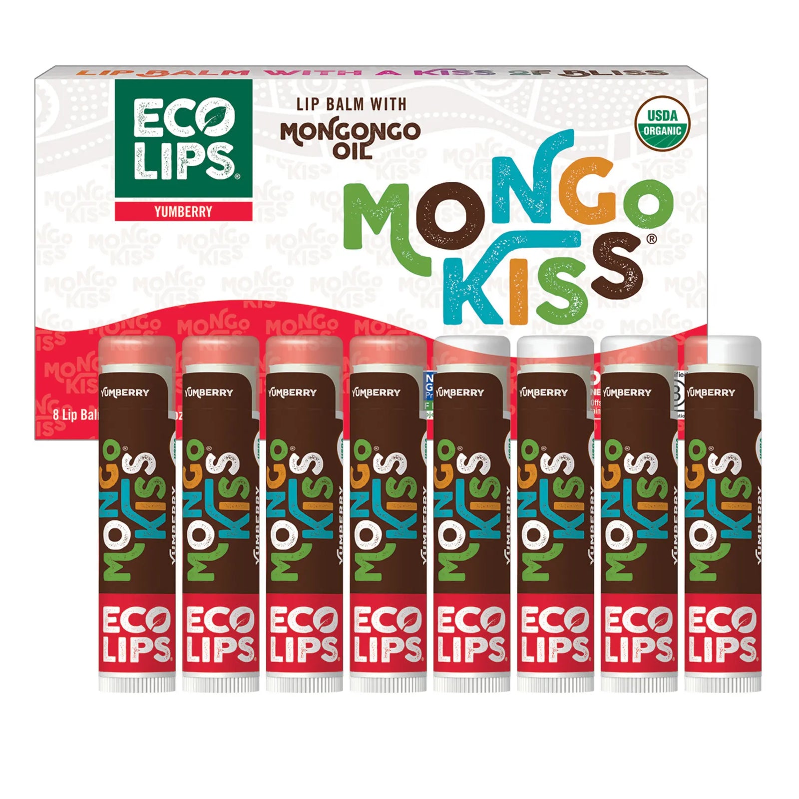 Box of 8 pack Mango Kiss Yumberry lip balm with Eco Lips branding on a white background