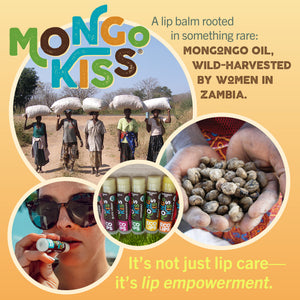 Promotional image of lip balm products with text highlighting larger size and benefits on a green background.