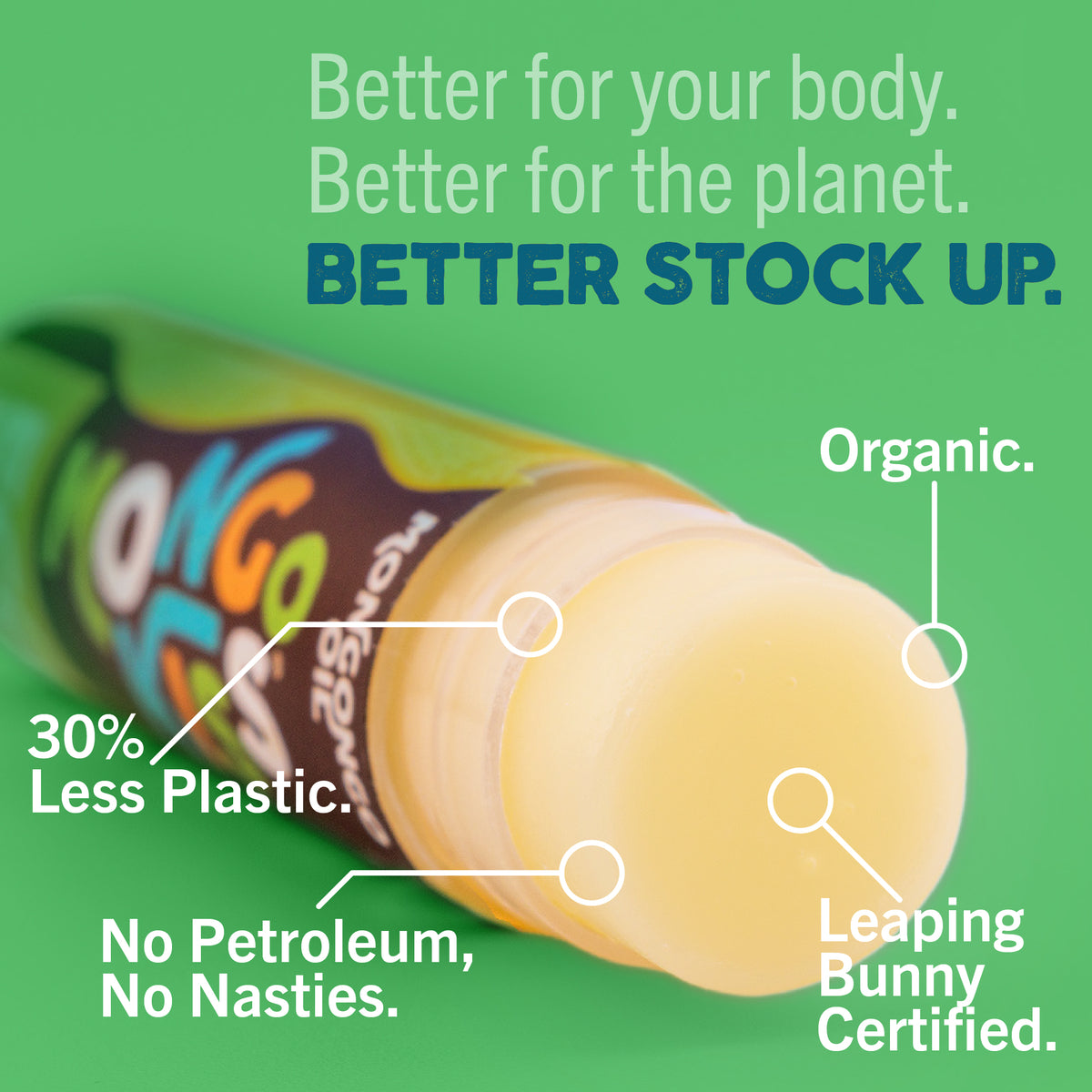 Product packaging with green background and text highlighting benefits