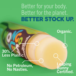 Promotional image of lip balm products with text highlighting larger size and benefits on a green background.