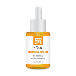 Woman holding out bottle of morning serum showing the 5% Vitamin C