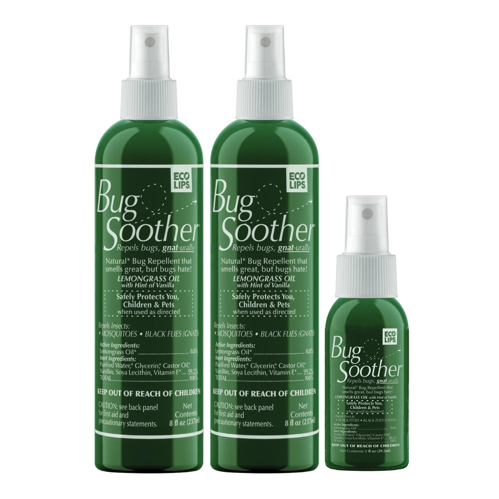 Three bottles of Bug Soother insect repellent in different sizes, with a green label and white spray nozzle.