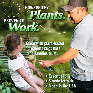 Man and child outdoors with text about plant-based bug control product.