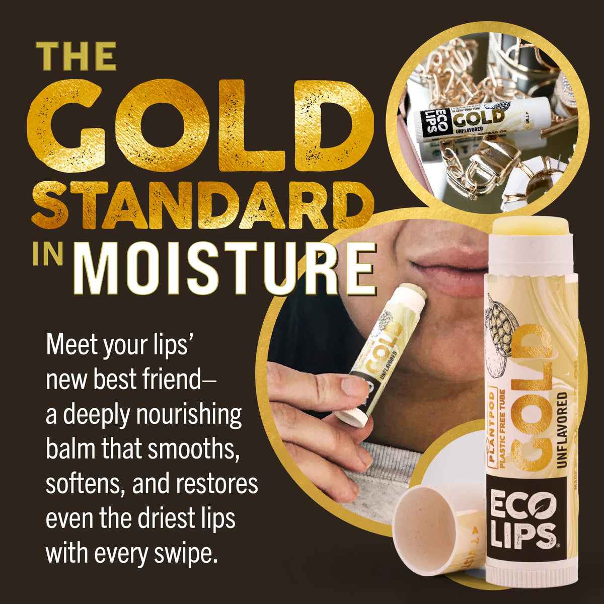 Lip balm packaging with text 'The Gold Standard in Moisture' on a dark background