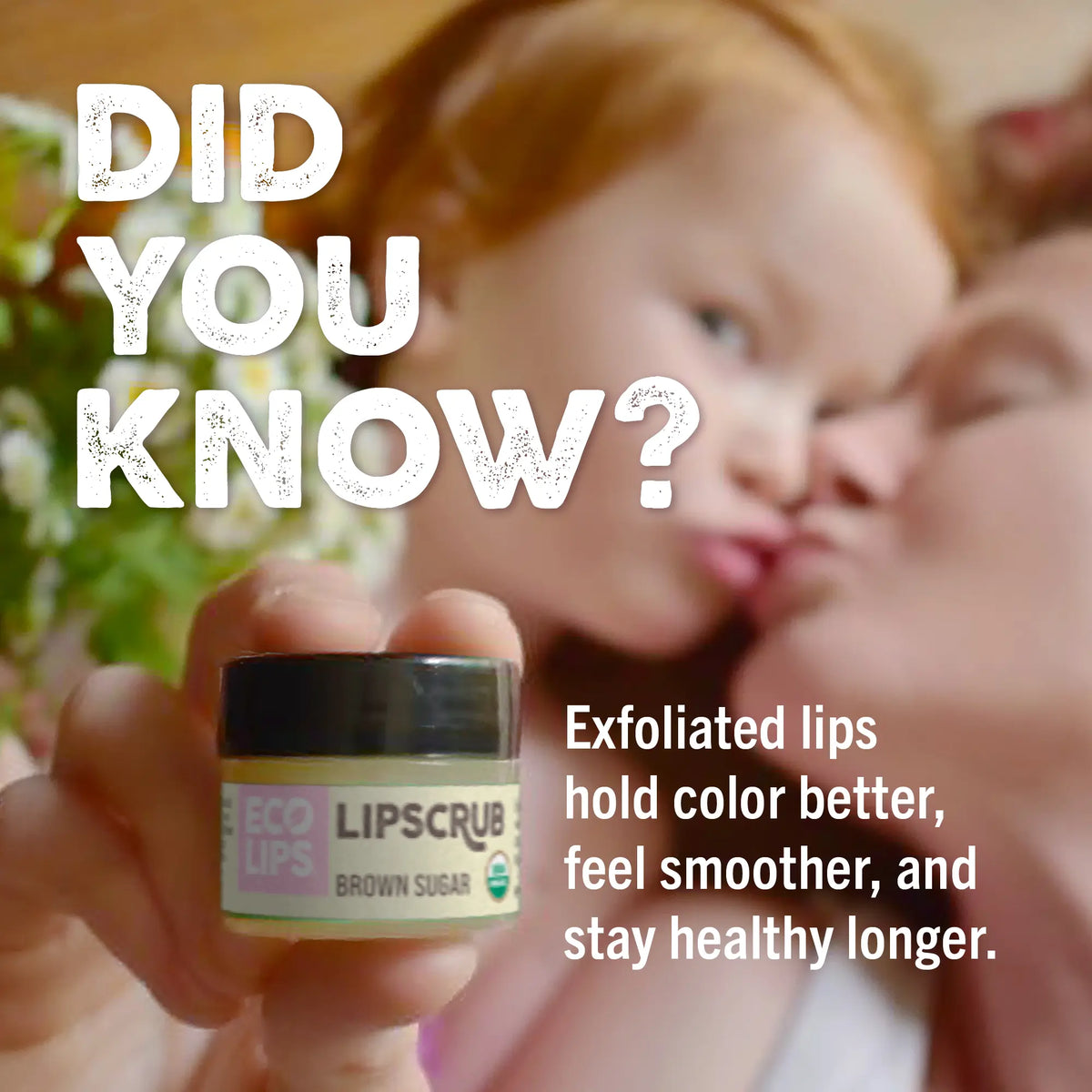 Person holding a lip scrub container with text about exfoliated lips.